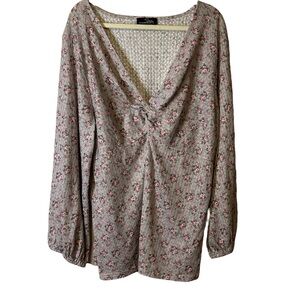 Suzanne Betro gray pink floral‎ top ruched bodice 3X U8602092